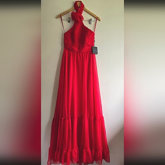 NWT! Ieena for Mac Duggal, Asymmetrical Halter Tiered A Line Gown, Red, Size 2 - Picture 5 of 13